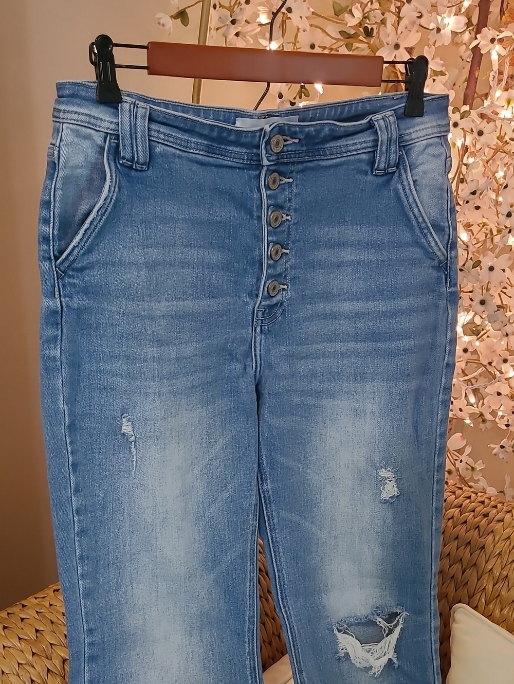 Kancan Distressed Light Blue High-Rise Button-Fly Flare Jeans - Women - Picture 3 of 5